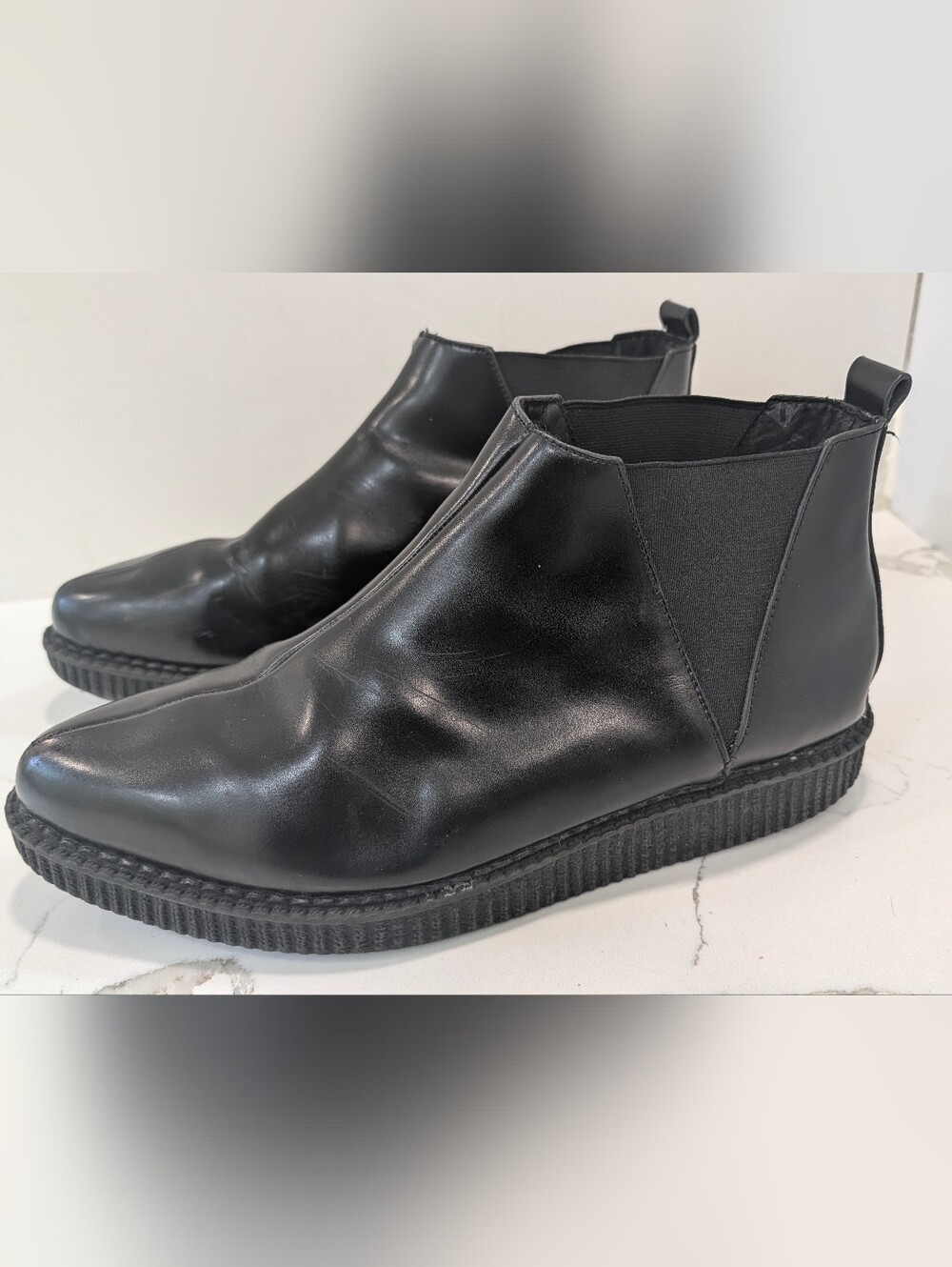 T.U.K Black Chelsea Point Soft Shiny Leather Ankle Boot Creeper Platform Man 12